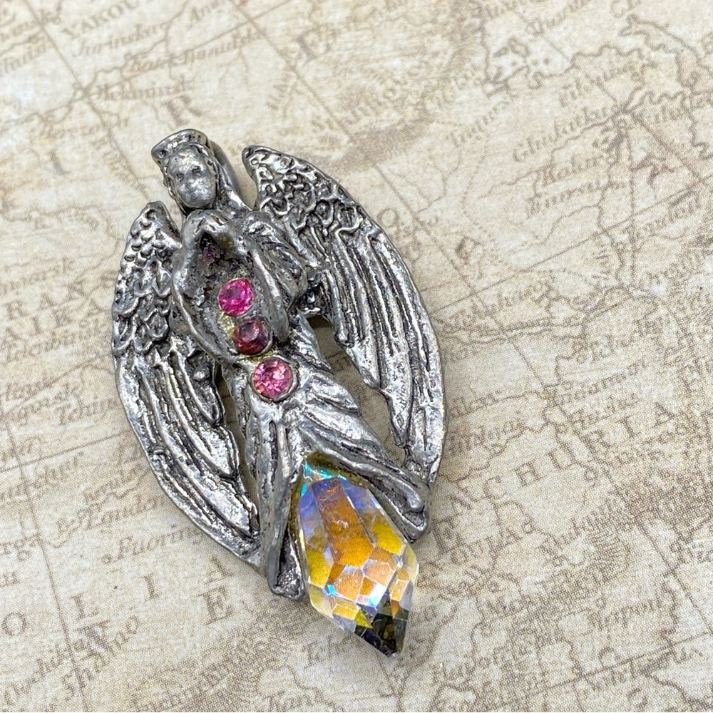 Vintage Gothic CCI Pewter Angel With Crystal Pink Rhinestones Numbered Pendant